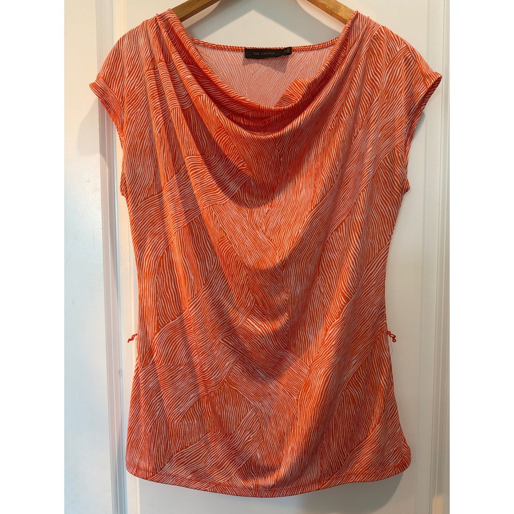 The Limited Orange White Abstract Cowl Neck Blouse Short Sleeve Top Medium